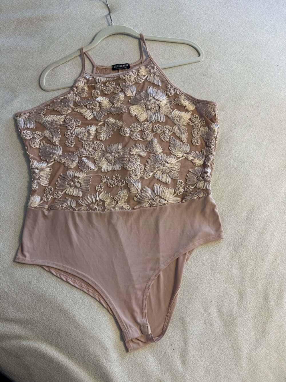 Fashion Nova Dusty Rose Floral Lace High-Neck Bodysuit - Picture 5 of 7